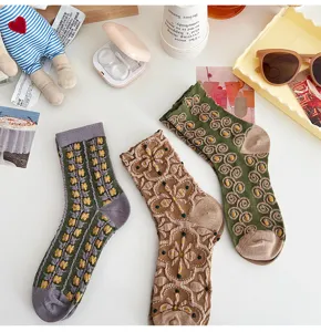 Retro Damen Mittelsocken Vintage Blumen 3D Relief Strick Winter Freizeit Socken Ästhetik