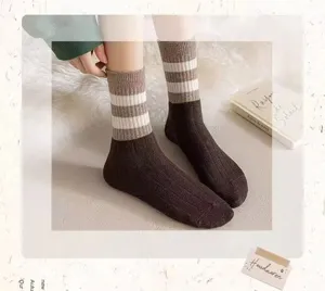 Cozy autumn winter striped mid-calf cotton socks retro brown casual daily wear hosiery