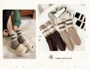 Retro stripe knit socks detail, cozy brown beige warm cotton for daily use and winter fashion.