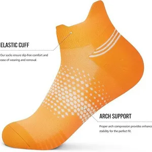 Orange athletic ankle socks with arch support and breathable mesh for running and fitness sports.