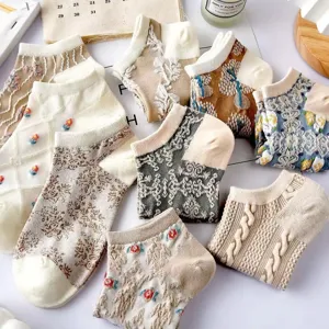 Summer cotton low cut boat socks Japanese retro floral cute breathable short socks multipack women