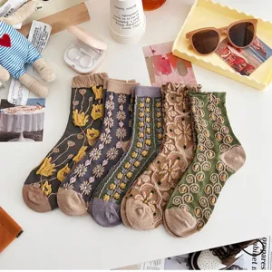 Vintage Blumen Mustertaschen Socken Damen, Retro Relief Muster Freizeitsocken, Herbst Winter.