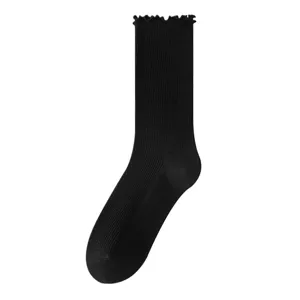 Black ribbed mid-calf socks for women, cute lettuce edge design, Japanese style cute hosiery.
