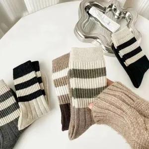 Women vintage striped mid-calf socks cozy cotton autumn winter casual long socks.