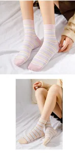Striped mid-tube socks detail view, casual cotton socks for women, breathable daily wear.