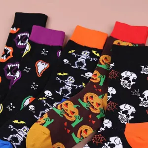 Halloween mid-calf socks couple styles with pumpkin skull patterns, comfortable cotton fabric.