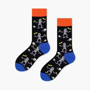 Halloween mummy print mid-calf socks with orange cuffs and blue heels for daily wear