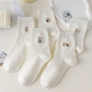 Cute white cotton mid-calf socks with embroidered bear and rabbit patterns for women spring.