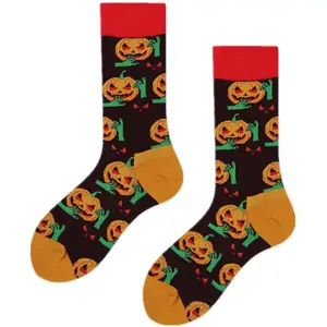 Halloween pumpkin crew socks, funny black cotton socks with red cuffs for men and women.