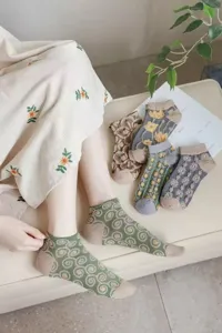 Detail shot of vintage floral jacquard short socks with delicate relief patterns and cozy feel.