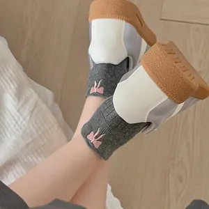 Cute grey short socks featuring pink bow embroidery, breathable mesh design for summer wear.