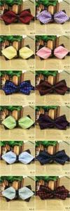 Close-up detail of multi-color polyester silk pointed bowties, business casual wedding style.