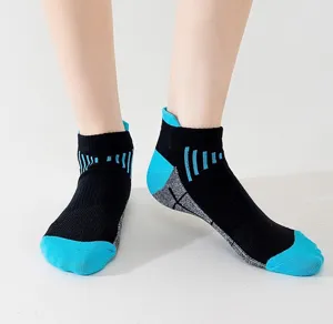 Detail view of men's athletic running socks, featuring breathable mesh design and moisture-wicking comfort.