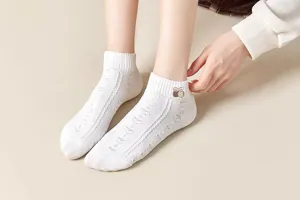 White low-cut ankle socks for women, breathable thin cute cherry embroidered short socks.