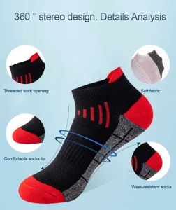 Detailed view of black and red men's athletic running socks showing breathable mesh and fit.