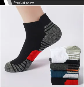 Detail shot of professional men's sports ankle socks with heel tab and breathable mesh design.