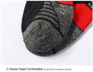Athletic sports sock detail view showing black, grey, and red cushioned heel design features.