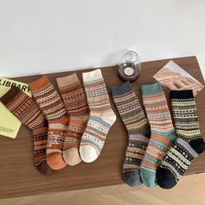 Women vintage knit winter warm mid tube socks ethnic geometric pattern cozy casual daily wear