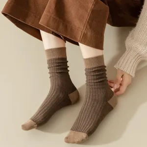 Women Japanese style brown colorblock ribbed crew socks autumn winter cotton long tube socks