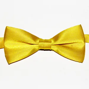 Dettaglio farfallino doppio in raso giallo, tessuto liscio e design classico per bambini.
