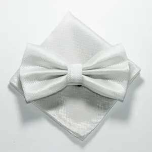 Wit geprint vlinderstrik en pochet set voor formele zakelijke kleding en bruiloften.