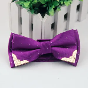 Men's purple bow tie with gold metal corners and silver dots, British style formal wear accessory.