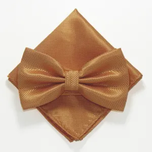Gedetailleerd overzicht van de gouden geruite vlinderdas en pochet set, fijne textuur.