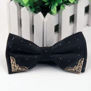 Black jacquard bow tie with silver dots and metal corners for mens formal wedding wear.
