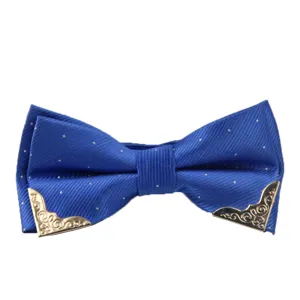 Men's blue jacquard bow tie with silver dots and retro gold metal corner decor main view.