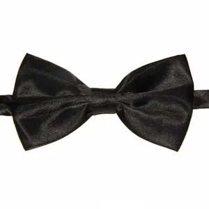 Détail de nœud papillon en satin noir classique, tissu polyester avec attache sûre.