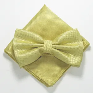 Detailopname van een lichtgele fijne raster patroon vlinderdas en pochet set voor heren.