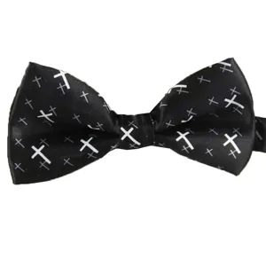 Pajarita negra clásica de seda con patrón de cruz blanca para hombre, elegante y formal.