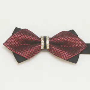 Men rhinestone bow tie detail, red black checkered double layer bow for wedding groom suit tuxedo accessory.