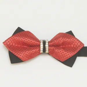 Men's pointed rhinestone bow tie, red and black textured fabric detail closeup view.