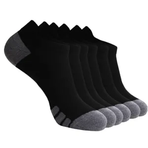 Low-cut athletic running socks detail view, black and grey color block, breathable sports