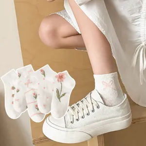 Sweet Lolita Women Short Socks Floral Embroidered Bowknot Polka Dot Polycotton Ankle Socks For Spring Summer Daily Wear
