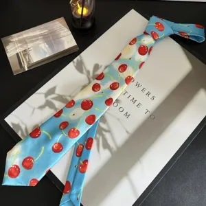 Y2K blue cherry print tie for students, fashionable artistic casual necktie accessory.