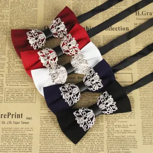 Men's Polyester Silk Bowtie Metal Flower Rhinestone Decorated Solid Color Wedding Banquet Formal Bow Tie Neckwear