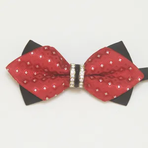 Close-up of red black layered rhinestone bow tie details, mens formal accessory