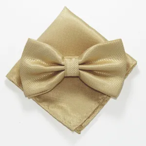 Detailopname van de gouden gestructureerde vlinderdas en pochet set, fijn rasterpatroon.