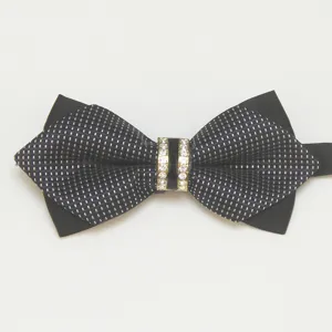 Men's fashion crystal rhinestone bow tie, black double layer formal wedding bowknot detail.