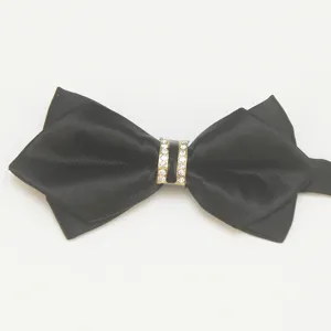 Black mens pointed bow tie with rhinestone center ring, elegant wedding formal neckwear.