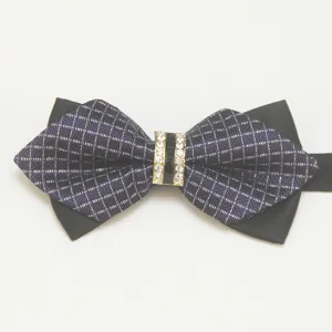Detailed view of the stylish men's pointed rhinestone bow tie with exquisite crystal buckle.