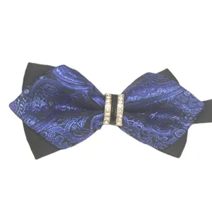 Fashion men blue paisley bow tie with rhinestone crystal formal wedding groom neckwear