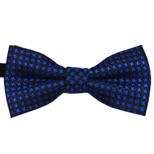 Kids blue jacquard bow tie detail showing exquisite cross pattern and fabric texture.