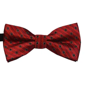 Red jacquard children bow tie detail view, ideal for kids wedding and party daily wear.