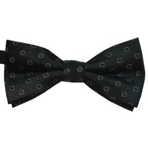 Black jacquard bow tie with white circle patterns, ideal for weddings and formal events.