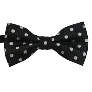Classic black polka dot bow tie for kids, elegant polyester jacquard fabric with textured stripes.