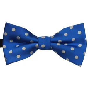 Classic royal blue polka dot bow tie for kids and adults, perfect for weddings and events.