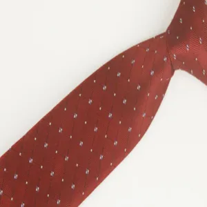 Men's slim red jacquard necktie detail view, premium polyester business formal wear accessory.